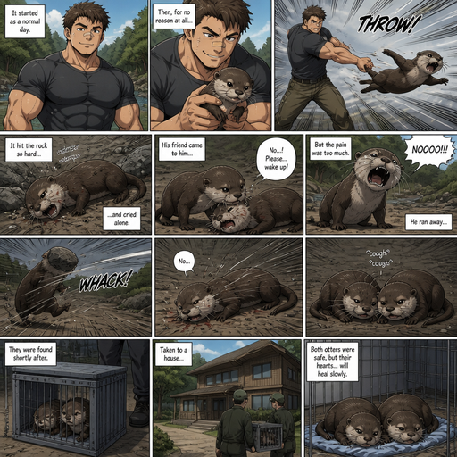 A DETAILED AND LIFELIKE ANIME Comic Book story view of a Bulky but Muscular ANIME Cute Bara Man With Peach toned skin Who looks Normal aind round facial Structure and Basic facial structure With Puffy and Big Pecs that are visible through the shirt and Biceps and Bandaid on his nose and Brown short hair. Wearing normal clothes. And A Healthy otter and then he throws it at a rock. And it lays there on its side crying and the otter’s friend goes and cry’s over his body. And runs away but a rock flies at it and he lays there and faintly says no. And both otters sit there, and cough. Are put in pens and Taken to a house