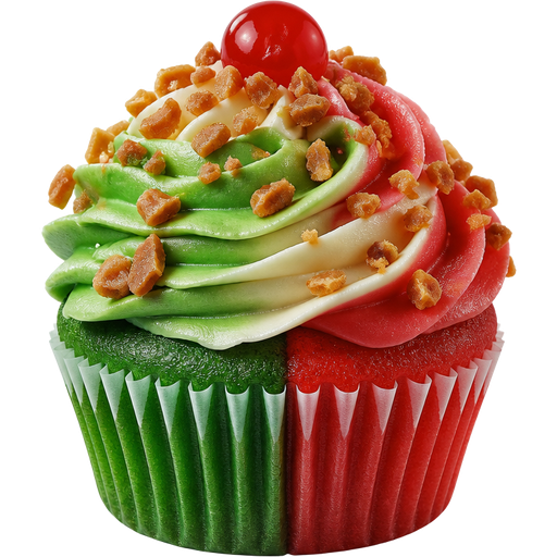 Holiday Toffee Crunch Cupcake and the Cupcake is Half Green and Half Red with Green, Vanilla and Red Cherry Swirled Buttercream Frosting with Toffee on Top