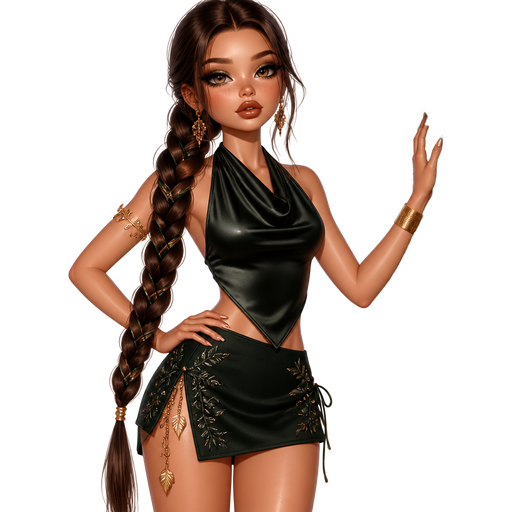 semi-realistic soft cartoon luxury glam, mini plush Bratz-doll aesthetic, cinematic glow, crisp clean detail, glossy glam skin. brown eyed Petite 5ft girl, fair skin with soft freckles, wide face with tall forehead, honey-brown almond wide-set upturned eyes, fluttery lashes, shimmer highlight, plush lips, bottom heavy lip, sweet Belle-princess vibe, long straight brunette hair with visible caramel highlights, wearing a midnight ivy satin halter with elegant draping and a dark fern micro mini with side vine embroidery and gold leaf charms, gold cuffs and dangling earrings, hair in a super long sleek braid with wrapped ribbon sections, makeup with smoked green shimmer, bronzed contour, sharp liner, and glossy espresso-rose lips, posing with one hand on hip and the other touching a vine wall like a dark forest queen