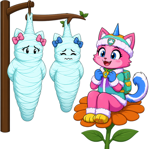 wrapped up and mummified fully covered in a #B8FFFF spider slik cocoon shaped like anthro black cat female anthro two pink hair bows worried with arms behind back with #B8FFFF spider slik wrappings completely covered with thick layers non-transparent #B8FFFF spider slik wrappings hanged to the wooden hook on the left side next to wrapped up and mummified fully covered in a #B8FFFF spider slik cocoon shaped like anthro black cat girl female anthro with 2 blue hair bows whimpering arms behind back with #B8FFFF spider slik wrappings completely covered with thick layers non-transparent #B8FFFF spider slik wrappings hanged to the branch on the the right side next to happy pink cat anthro furry femboy arachne with blue and white tail white wrists blue hands white ankles yellow feet green collar blue unicorn horn based on unikitty wearing everest's hat and everest's clothing with everest's backpack sitting on a orange flower