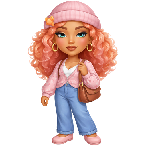 Apricot with a Warm Golden Skin Tone With Curly Apricot Orange Hair and Pink Highlights Wearing a Soft Pink Beanie and a Dark Pink Stitch Going Across it with a Apricot Clip on the Left side of it with Heavy Lower Lips a Prominent Eyelash Setup and a Matte Brown Lipstick Finish With a Soft Pastel Blue Makeup Style Look and a Thin Eyebrow shape and a Protruding Eye Shape with a Triangle Shaped Face Shape and a Detached Earlobe with a Pink Shirt with a Wide V-Neck with White Long Sleeves with Pink Polka Dots and a White T-shirt where the V-Neck is located and a Big Pocket in the Middle With Blue Denim Pants and a Black Stitch Pattern at the Bottom Wearing Pink Flats Holding a Brown Shoulder Bag with a Mature Adult Toned Build and Luxury Glossy
