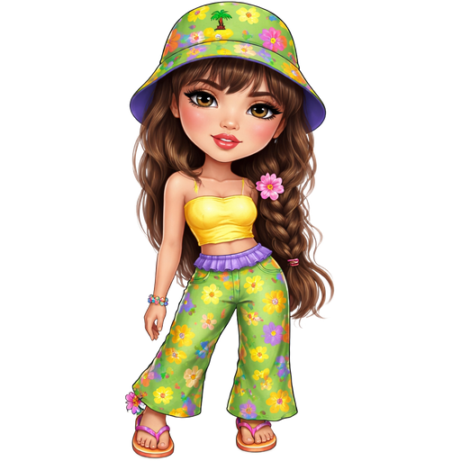 Coco Calypso with a Medium-Tan Neutral Amber Skin Tone with a Down-Turned Lip Ship and an Express Eyelash Set Up with a Pink Matt Lipstick and a Red Lip Liner with Glossy Finish with a Soft Blue Grey Eyeshadow and Straight Eyebrows and a Down-Turned Eye Shape and a Heart Face Shape Wearing a Green Bucket Hat with Yellow Flowers and Purple on the inside, Purple Flowers and Yellow on the inside and Orange Flowers with Purple on the Inside Printed Patterns With a Green Palm Tree at the Top of The Hat with Brown Hair with a Braid on Part of the Hair Included with Bangs with a Pink Flower Clip in the Middle of Her Hair Wearing a Yellow Crop Top and Green Pants With Purple Flowers with Yellow in the Middle, Yellow Flowers with Purple in the Middle and Orange Flowers with Purple in the Middle Printed Pattern with Purple Ruffles at the Top of the Pants Wearing a Purple, Yellow and Green Flower Bracelet on Her Right Leg and Wearing Pink Flip Flops with the Surface of the Sandals being Orange with a Mature Adult Toned Build and Vivid with Distinct Features and High Visual Textures in a Soft 4K Intense Polished Shine