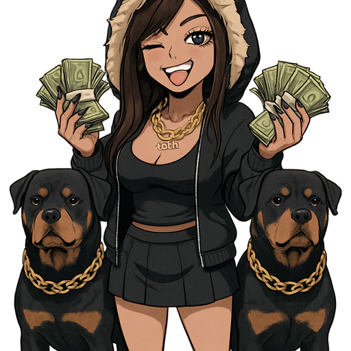 Full body image head to toe, wearing heavy mid calf high combat boots. Super white teeth with one golden canine tooth. 30 year-old baddie was full but not too full lips, long eyelashes extra long pointy fingernails, holding multiple large bundles of CASH, super long, dark, brown hair, with blonde side swept bangs, wearing a hoodie with hood pulled up and fur around the edge of the hood, has a gold canine tooth, closing one eye and licking the gold tooth while scrunching up one side of her mouth to show her licking the gold tooth. Jacket is unzipped tank top with a tiny money sign tattoo on the upper left breast. Wearing short black skirt with combat boots and has two Rottweilers with huge gold chains around their neck on either side of her. She is wearing a gold and diamond chain that says DADDIE. She is kind of making a half smile