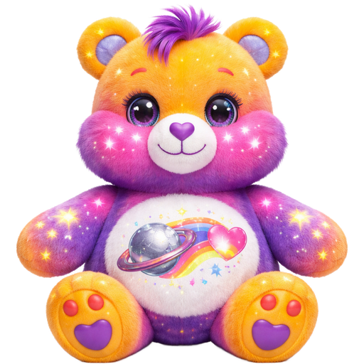 Starlight Love Care Bear Glow in the Dark with Gradient Pink/Dark Purple Striped Mixed Pattern Fur and Amber Yellow Ears, Paws, Feet and The Upper-Half of the Forehead is also Amber Yellow with Shooting Stars and Lightning Strikes on the The Paws, Upper Face, Ears and Feet with a Smiling Sliver Saturn with the Ring being Half Silver and Pink Next to a Rainbow Shooting Pink Heart with Yellow, Pink, and Blue Stars Surrounding it on the Stomach with White Twinkles in the pupils of the eyes and Purple and Pink striped Tufts of hair and a Purple Heart Nose with Blue inside the ears