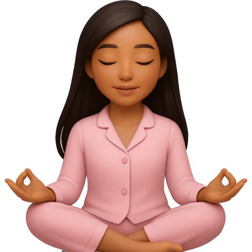 A beautiful tanned Asian girl with long hair, sitting calmly and close her eyes wearing a baby pink colored pajamas and do meditating
