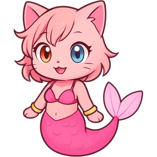 a light pink cat with orange eye blue eye smile #F88379 hair golden bracelets #FFB6C1 top bikini #FF69B4 mermaid tail with #F8C8DC tail fins
