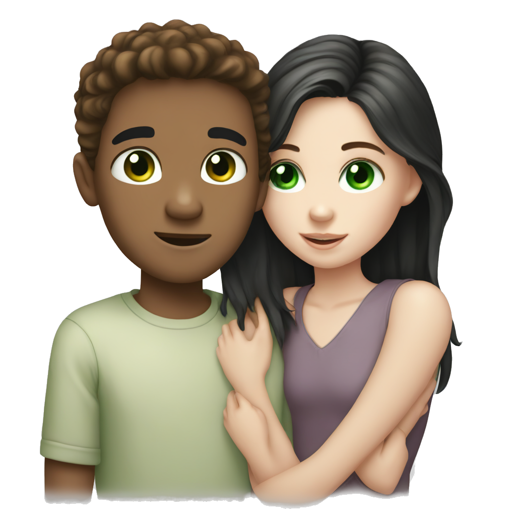 boy with pale skin long light brown hair green eyes hugging a girl with pale skin short black hair hazel eyes