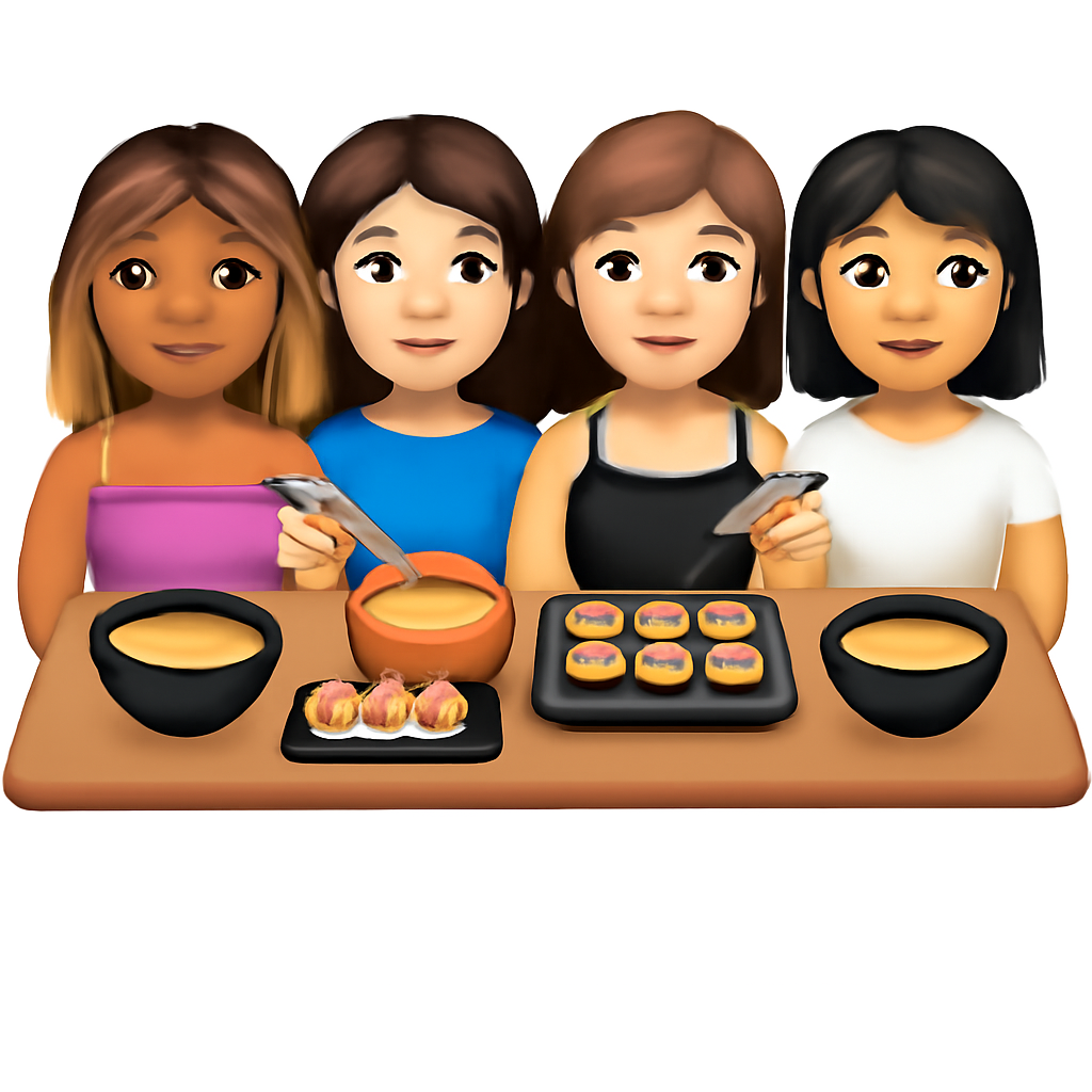 Una mesa con cuatro chicas cenando comida japonesa. La primera chica: color de piel un poco morena, con un top de banda lila, color de pelo rubio oscuro con mechas rubias, de longitud hasta los hombros y un poco ondulado. La segunda chica: pelo ondulado castaño un poco oscuro y largo, color de piel clarito y una camiseta azul. La tercera chica: pelo por debajo de los hombros, castaño claro y liso. Color de piel más blanquita y camiseta negra de tirantes finos . Por último, la cuarta chica: ojos un poco achinados y pelo negro liso por los hombros. Camiseta blanca de manga corta y color de piel un poco morena.