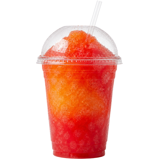 Island Sunset Rum Soft Shaved Ice Slushie in a Plastic Cup and Plastic Dome Lid with a Straw Mixed in with Extra Syrup