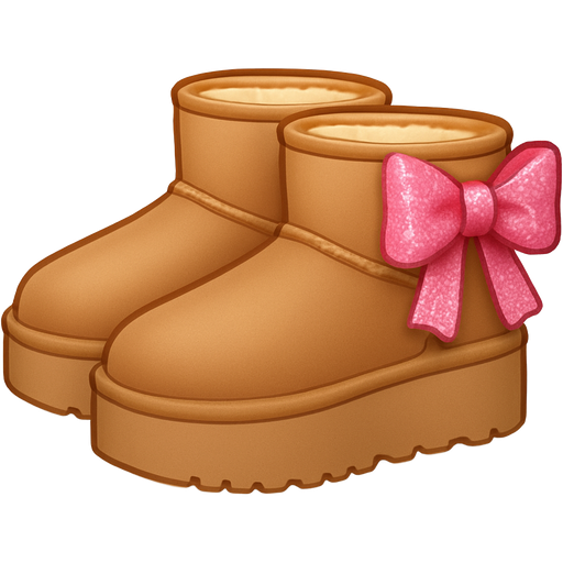 A pair of Ugg platform minis in the shade sand with a pink glittery bow tied on the back strap of the shoe