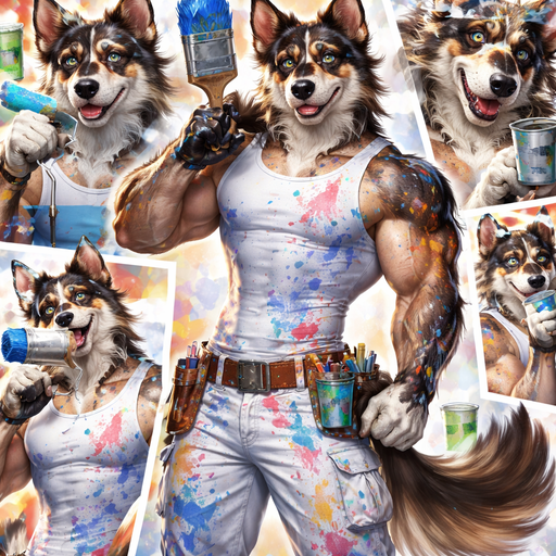 A Full Body and Facial Image of a Hunky and Chunky a Very Hot and Handsome German Shepard mixed with a Australian Shepard bara furry who is a Painter and Extremely muscular but not to muscular and Extremely Masculine and Handsome and Ginormous Arms and a Rounded Pecs very Short Strait Hair but tall and a little bit lean. Wearing all white with paint splatter all over him blushing