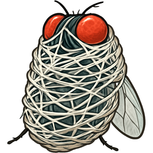 webbed and cocooned housefly wrapped up completely covered entrapped in a with very huge coating of sticky slik cocoon and very huge spider web slik wrappings sliken cocoon tightly artistic creation, beautiful art