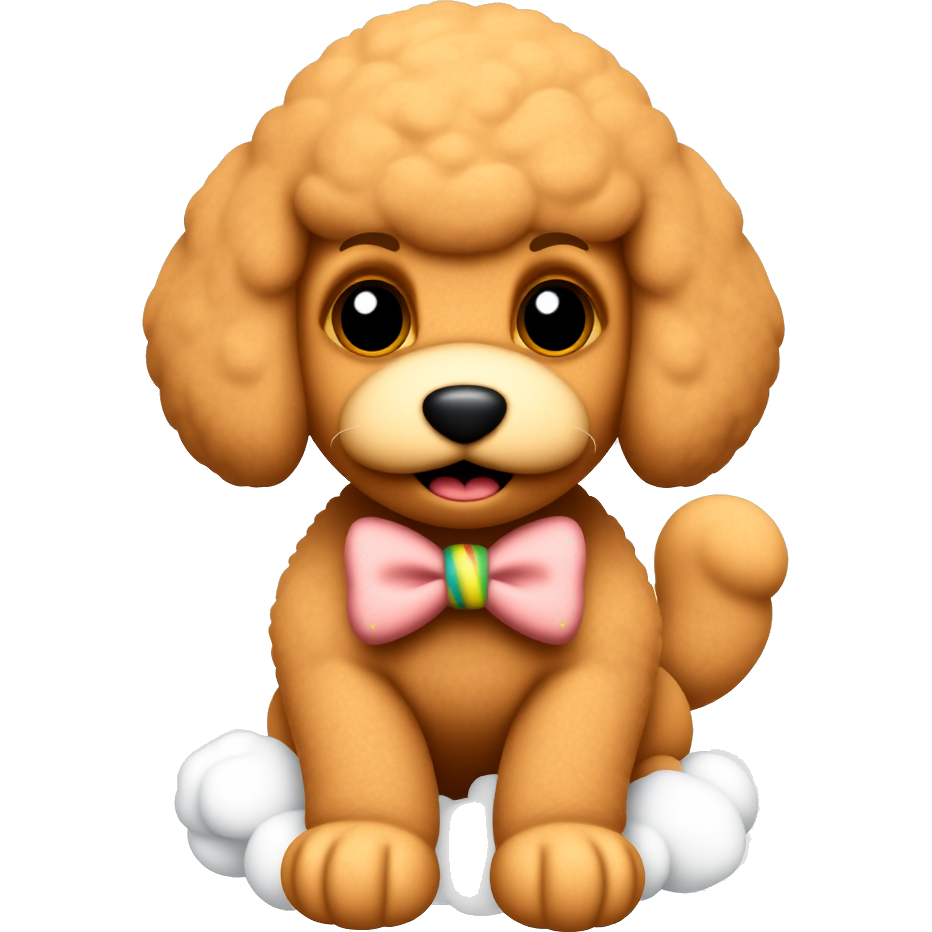A whimsical candy emoji of a brown ginger poodle, coated in shimmering caramel with gummy bear eyes and a licorice tail. Adorned in a sugary bowtie made of rainbow sour belts, its fluffy fur glistens in colorful sprinkles, and it stands proudly atop a fluffy cotton candy cloud.