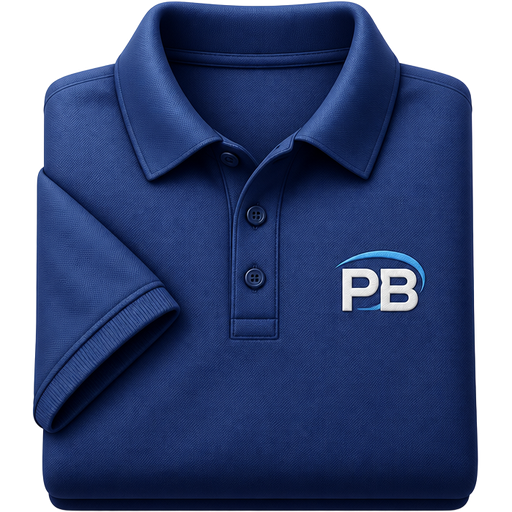Diseña un emoji estilo Apple/iOS de un uniforme corporativo moderno. Debe consistir en una camisa tipo polo de manga corta, cuidadosamente doblada, con un diseño limpio y profesional. En el pecho izquierdo incorpora un pequeño logotipo genérico con las letras ‘PB’, simulando un uniforme personalizado para empresa. El tejido debe tener una textura sutil, con pliegues naturales, iluminación suave y acabado ligeramente brillante. Mantén el estilo característico de los emojis oficiales de Apple: minimalista, tridimensional, bordes redondeados, degradados delicados, proporciones equilibradas y alta legibilidad en tamaños pequeños. El fondo debe ser transparente y el uniforme debe transmitir profesionalismo, identidad corporativa y personalización empresarial.