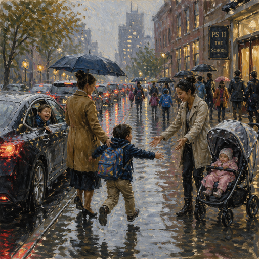 give me a teacher walking a student to their car for pick up and the student sibling is sticking their head out the window and laughing and the mother has the baby in the stroller and they’re out the car standing and the student runs to her mom and there’s other students getting picked up and there’s more cars behind them rainy city