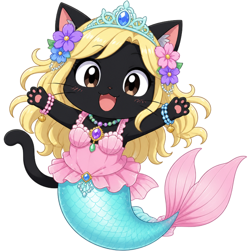black cat with light yellow hair purple and blue flowers light cyan crown purple and green necklace pink and blue bracelets pink dress attached to long light cyan mermaid tail with pink tail fins based on happy ( Fairy Tail)