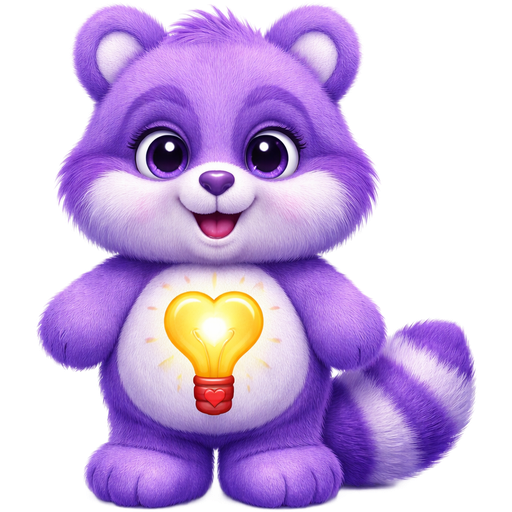 Bright Heart Raccoon Purple/Violet Care Bear with Violet Fur around the eyes and a Violet Striped Tail and a yellow Heart Light Bulb and a Red Handle with a Red Heart in the middle on the stomach with a Purple Heart nose