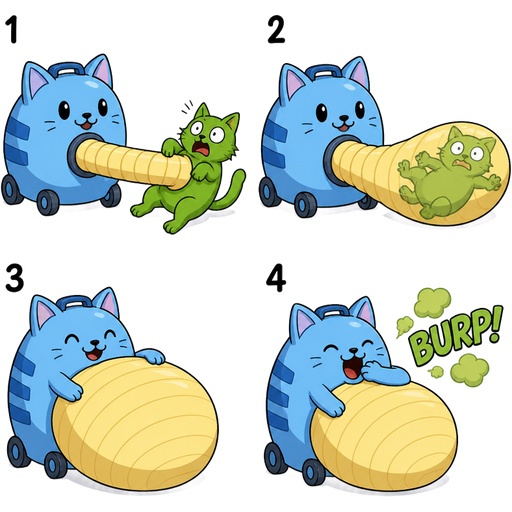 Light blue cat vacuum hybrid non-transparent Light yellow flexible hose non-transparent Light yellow flexible hose vacuums a green cat 1 non-transparent Light yellow flexible hose a non-transparent Light yellow flexible hose bulging non-transparent Light yellow flexible hose visibly bulging with the cat's form 2 Light blue cat vacuum hybrid non-transparent Light yellow flexible hose with full belly 3
4 Light blue cat vacuum hybrid non-transparent Light yellow flexible hose burps