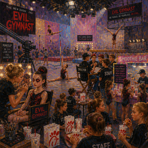 give me kids filming their new show evil gymnast, and the evil gymnast is getting her makeup done behind the scenes by a professional makeup artist one girl is on said doing a needle stretch. The other girl is on the bar stretching the other girl is on the beam doing a handstand and the director is talking to the staff about what to do and the other people behind the scenes are sitting in their chairs, eating Chick-fil-A and some of the cast members are at the smoothie bar getting some drinks on a big big big big big big show set