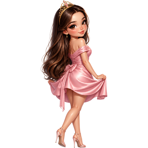 semi-realistic soft cartoon luxury glam, mini plush Bratz-doll aesthetic, cinematic glow, crisp clean detail, glossy glam skin. brown eyed Petite 5ft girl, fair skin with soft freckles, wide face with tall forehead, honey-brown almond wide-set upturned eyes, fluttery lashes, shimmer highlight, plush lips, bottom heavy lip, sweet Belle-princess vibe, long straight brunette hair with visible caramel highlights, wearing a flirty rose-pink off-shoulder satin mini dress with draped bodice details and a tiny gold crown headband, nude-pink heels, delicate gold jewelry, hair in long voluminous waves, holding the sides of her skirt while glancing over shoulder with a dreamy princess smile