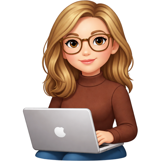Apple iOS style: young woman with dark blonde slightly wavy shoulder-length hair, wearing fashionable pantos-shaped glasses (rounded square frames), dressed in a tight-fitting brown sweater. She is sitting with a laptop on her lap, smiling slightly. Flat vector design, minimalist, pastel colors, clean lines, isolated on white background, professional emoji style, high detail for an emoji