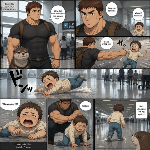 A DETAILED AND LIFELIKE LONG ANIME Comic Book story of a Bulky but Muscular ANIME Cute Bara Man With Peach toned skin Who looks Normal aind round facial Structure and Basic facial structure With Puffy and Big Pecs that are visible through the shirt and Biceps and Bandaid on his nose and Brown short hair that makes them look tough. Wearing normal With his pet Grown and healthy realistic otter. And has and infant baby brother and he’s tired of the baby brother and never loved his brother, In the Airport he picks the little baby brother up by the arm and the baby brother fly’s hard to the floor and cries and the baby brother is propped up and down from recoil and the baby brother gets up and drags his leg while walking