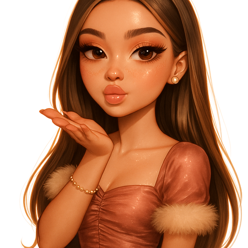 luxury glossy bratz-anime romantic aesthetic, warm cinematic glow, crisp clean detail, glossy glam skin. petite girl, warm soft-autumn tone, fair skin, honey-brown almond eyes, soft freckles, warm toasty glam makeup, glossy nude lips, flutter lashes, sweet Belle-princess vibe, long brunette honey balayage hair with visible light honey blonde highlights, very long straight silky hair tucked behind ears, angel blush and clear gloss, ruched satin dress with fur trim sleeves, tiny diamond studs and gold chain bracelet, blowing a kiss with one hand, pop-princess energy, shimmer highlight, sparkly glow