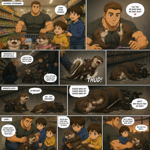 A DETAILED AND LIFELIKE ANIME Comic Book story view of a Bulky but Muscular ANIME Cute Bara Man With Peach toned skin Who looks Normal aind round facial Structure and Basic facial structure With Puffy and Big Pecs that are visible through the shirt and Biceps and Bandaid on his nose and Brown Short and Strait hair. Wearing normal With his pet Grown and long and Owns HEALTHY, CUTE AND REALISTIC OTTERS in Dog Wheel Chairs and 2 little brothers that are in different ages but young. At the grocers store, And their otters cuddle. One of the otter getting shakedown by humans. it was in another aisle, so nobody was there. And it ends up laying on the floor and when his twin rolled up to him and saw he cried for a long time but they left him and was sad and the boys comorted the otter for his loss
