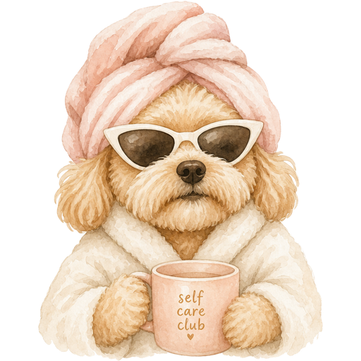 A watercolour look fluffy dog with cat eye sunglasses and a towel turban on its eyes on aesthetic self care