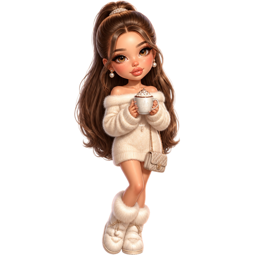 semi-realistic soft cartoon luxury glam, mini plush Bratz-doll aesthetic, cinematic glow, crisp clean detail, glossy glam skin. brown eyed Petite 5ft girl, fair skin with soft freckles, wide face with tall forehead, honey-brown almond wide-set upturned eyes, fluttery lashes, shimmer highlight, plush lips, bottom heavy lip, sweet Belle-princess vibe, long straight brunette hair with visible caramel highlights, wearing a cloud-cream fuzzy off-shoulder sweater dress with white fur-trim boots, pearl earrings and a tiny quilted bag, hair in a plush half-up ponytail with soft curls, makeup with champagne shimmer lids, cool pink blush and glossy vanilla-pink lips, holding a hot cocoa with cozy snow-princess energy