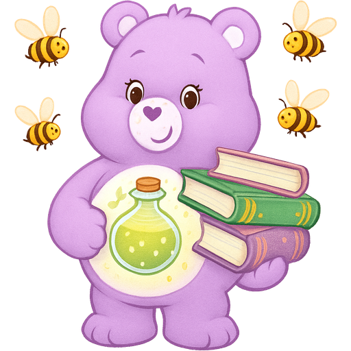 A pastel purple Carebear that has an enchanted greenish-yellow potion as a belly badge holding enchanted books and surrounded by bees