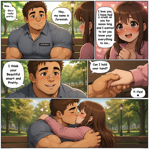 A Comic book story of a Chunky Small but Muscular and more Muscle than Fat ANIME Cute Bara Man Who looks Normal and American with a round facial Structure and Basic facial structure With Puffy and Big Pecs that are visible through the shirt and Biceps and Bandaid on his nose. Wearing a Tight Uniform Shirt. Sitting on bench the park looking at his girl crush saying how was “ hey my name is Jeremiah”. and her blushing and looking into his eyes saying “I love you, I have had a crush on you for soooo long and I wanted to let you know your everything to me”. Then he says “I think your Beautiful smart and Pretty” and Takes her hand then they Hug and kiss