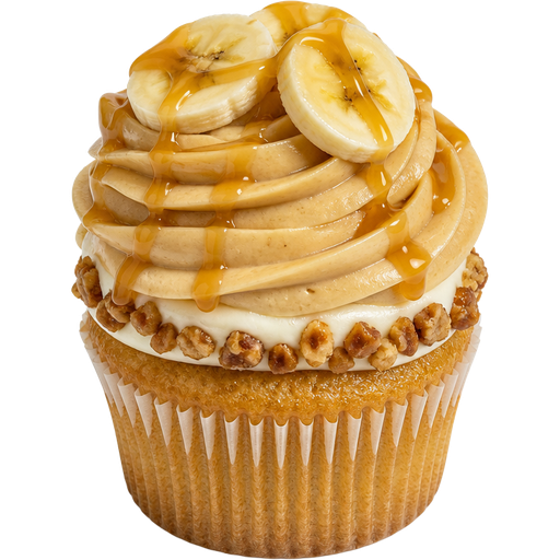 Banana Caramel Cupcake with Vanilla Buttercream Frosting with Toffee Bits at the Bottom of the Frosting and Banana Caramel Buttercream Frosting on the Top with Drizzled Caramel and Banana Slices