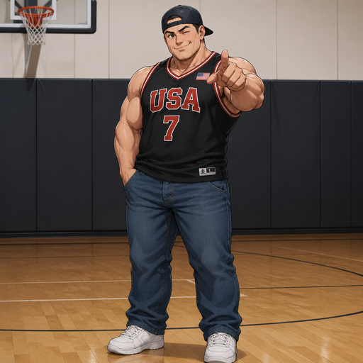A Real life Full Body view of a Stubby but Muscular Bulky ANIME Man Who looks Normal and American with a round facial Structure and Basic facial structure. Wearing a Tight Basketball Jersey and Baseball hat backwards and Jeans. Winking and pointing at you