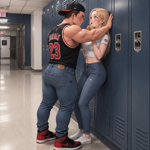 A Real life Full Body view of a Small but Muscular Bulky ANIME Man Who looks Normal and American with a round facial Structure and Basic facial structure. Wearing a Tight Basketball Jersey and Baseball hat backwards and Jeans. Pinning a Cute American to the lockers and Blushing