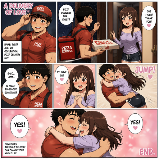A Full page Anime Comic book story about of a Bulky and less shredded or muscular ANIME CUTE Bara American 20 year old with a ROUND and BASIC facial structure and Young Adult BARA that is Peach Toned skin not anything else MALE not to detailed With bigger than average Pecs that are visible through the shirt and Biceps. Wearing a Pizza Delivery and drenched in sweat and Short and Black fluffy hair and Strait with brown eyes and black eyebrows and with a slim waist not broad shoulders. With no Facial Hair. As Pizza delivery guy delivery to his crush and she says thank you and he says want to go out she says yes and jumps in his arms and he says yes