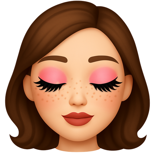 Big very long cat eyelashes and pink eyeshadow with long eyeliner and freckles and blush with brown lip liner and pink lipstick