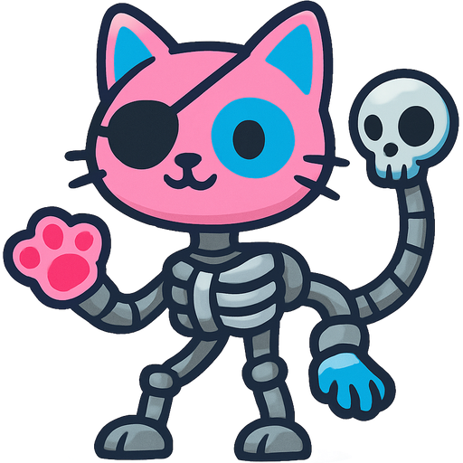 a creature with pink cat with blue markings head with eyepatch on a metal pipe a robotic skull with an eye on metal pipe tail with a ribcage with three robot legs with pink cat paw and blue cat paw on skeleton arm and blue cat paw on a metal pipe bluey style