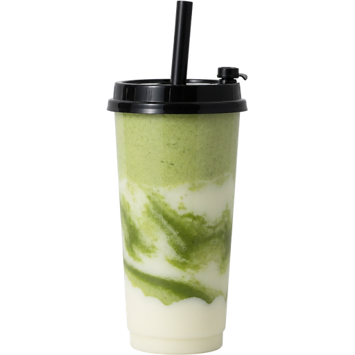 Smoothie with a 32oz PP Injection Cup and a Premium Plastic PP Black Lid with an Attached Stopper including a Straw on Top of It Infused with Yogurt Blended with Matcha, Banana, Honey, Avocado and Almond Milk and It’s Light Green with Thick White Cream at the Bottom and in the Middle with Dark Green Juice Mixed into the Middle
