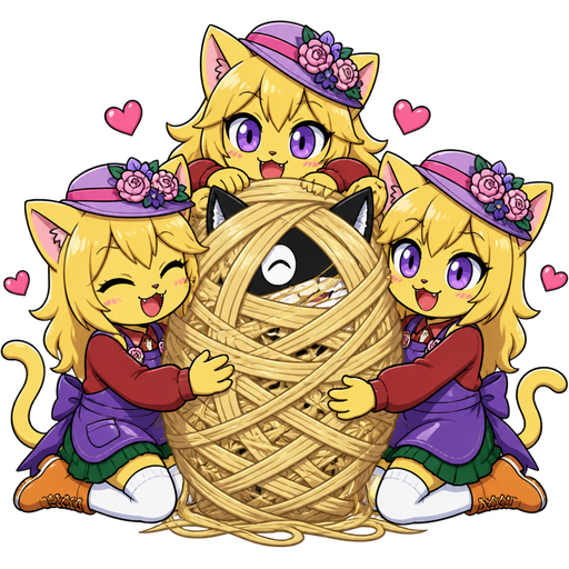 1 morgana anthropomorphic cat Persona 5 was wrapped up by furry yellow cat anthro with purple eyes blonde hair purple and pink florist hat and purple florist outfit red on top green on bottom and white socks orange boots with blonde hair blonde hair cocooned mummified morgana anthropomorphic cat Persona 5 is completely covered with blonde hair in a spider web made of blonde hair 3 furry yellow cat anthro with purple eyes blonde hair purple and pink florist hat and purple florist outfit red on top green on bottom and white socks orange boots cutely hugs the blonde hair cocooned mummified morgana anthropomorphic cat Persona 5 comic