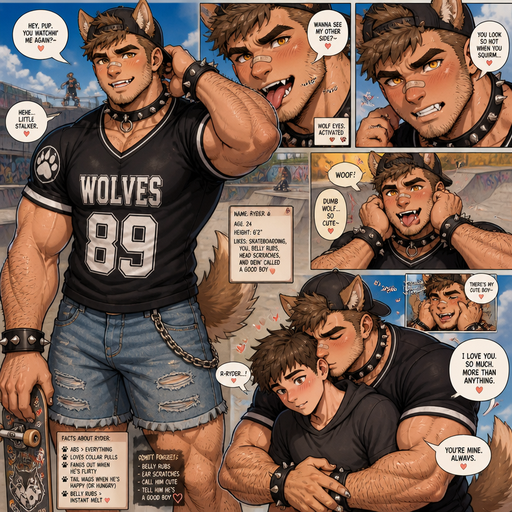 An Anime comic book of a Bulky and Slim and Small Waist and Huge Biceps but Muscular and more Muscle than Fat ANIME Cute Bara Man with Peach toned skin Who looks Normal and American with a round facial Structure and Basic facial structure With Puffy and Big Pecs that are visible through the shirt and Biceps and Bandaid on his nose and is Hot and Cute. And he has anthropomorphic features like a Dog tail and Ears and Teeth and more body hair and a little bit more Hair on his head and has claws and no human ears and more hair on his head but still short and can change eyes from human to wolf when he flirts and it Makes him look Hot dreamy and Irresistible and Just Beastly and Manly and sometimes will act like an adorable dumb wolf, and sometime acts attractive Hot and dreamy and licks a Fang. All this is at a skatepark with his shirt the perfect size and No skin Chest skin revealed and just likes to wear jersey and Jorts with a Collar and Spikey bands and a Baseball Hat backwards and he likes abs rubs and scratching behind the ears and you also like to grab his cheeks and tell him he’s cute. He hugs you around the waist from behind and Kisses your head and Nudges your head and Says how much he loves you