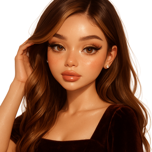 luxury glossy bratz-anime romantic aesthetic, warm cinematic glow, crisp clean detail, glossy glam skin. petite girl, warm soft-autumn tone, fair skin, honey-brown almond eyes, soft freckles, warm toasty glam makeup, glossy nude lips, flutter lashes, sweet Belle-princess vibe, long brunette honey balayage hair with visible light honey blonde highlights, chocolate velvet dress with square neckline; soft curls; dewy skin, shimmer highlight; diamond studs; brushing hair back, pop-princess energy, shimmer highlight, sparkly glow