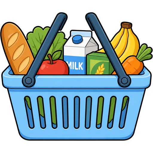 baby blue grocery shopping basket with groceries inside | ghibli style | vector-cartoon | matte cel-shading | bold smooth black outlines