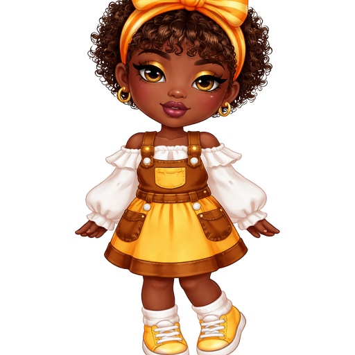 Candy Corn with a Ultra Deep Skin Tone and Heavy Lower Lip Shape with a Dark Plum Purple Matte Lipstick with a Soft Golden Palette Eyeshadow and a Thin Eyebrow with a Upturned Eye Shape and a Round Face Shape With Short Curly Afro-Textured Hair Including Bangs Wearing a Orange and Yellow Headband with Brown Eyes Wearing a White Long Sleeve Shirt With Ruffles Going around the sleeves Wearing Brown Overalls With Orange Straps and White Buttons With a Yellow Pocket on the Top of the Overalls and The Skirt is Yellow with Brown Pockets and a Brown Trimming with Two White Buttons on the Top of the Shirt Wearing White Socks and Yellow Sneakers with Dark Yellow on the Sides with a Mature Adult Toned Shape and a Luxury Glossy with Vivid and Distinct Features