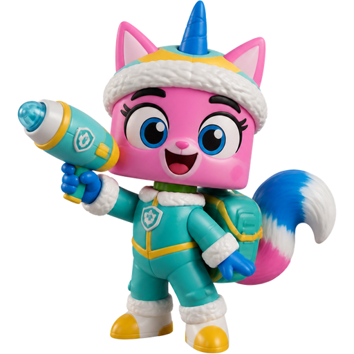 happy pink cat anthro furry boy with blue and white tail white wrists blue hands white ankles yellow feet green collar blue unicorn horn based on unikitty wearing everest's hat and everest's clothing with everest's backpack holding freeze raygun happy meal toy version