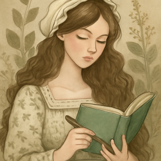 A cottage core girl with a long and wavy hair and is studying with sage green book and a sage green and gold pen