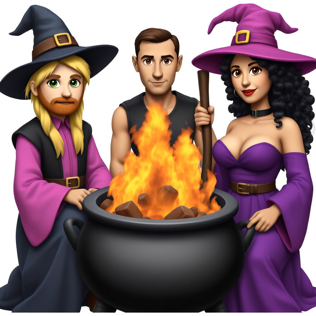 three witches around a rainbow flame in a cauldron, one is a man with strawberry blonde hair wearing pink with green eyes, one is a tan girl with black curly hair wearing black, one is a busty brunette girl with brown eyes wearing purple
