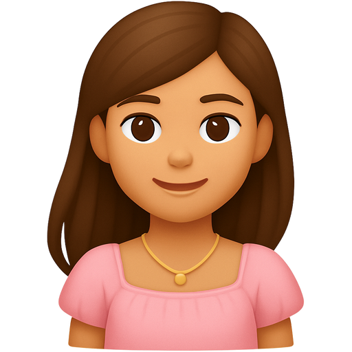 Girl with light tan skin with brown eyes and brown soft hair long hair, and wearing pink baby doll also Gold necklace Small and scattered pieces of pearls