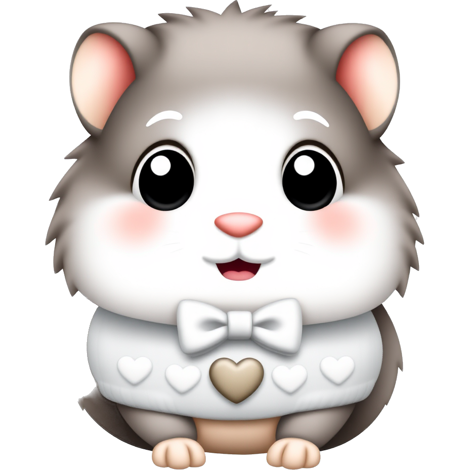 Kawaii guinea pig emoji: Imagine an adorable, fluffy guinea pig with oversized sparkly eyes, wearing a tiny pastel-colored bowtie and a cute heart-patterned sweater. It's surrounded by pastel hearts and small flowers, with a cheerful smile and tiny pink cheeks, embodying pure cuteness in a cozy, cartoonish style!