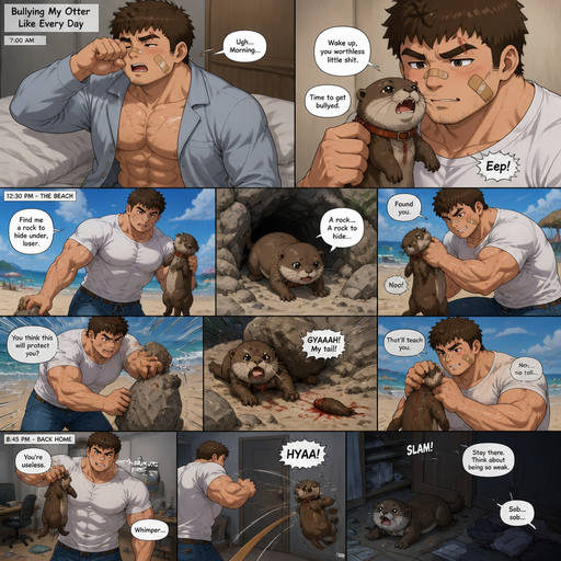 A COMIC BOOK STORY very lifelike and Detailed Full page Anime Comic book story about of a Bulky ANIME Cute Bara Man American 20 year old with a ROUND and BASIC facial structure and Young Adult BARA CUTE that is Peach Toned skin not anything else MALE not to detailed With bigger than average Pecs that are visible through the shirt and Biceps and a big Bandaid on his nose and Left Cheek and Right Eye brow with Scars all over his Chest and arms. Wearing a white shirt that is tight around the waist and Jeans drenched in sweat and Short and Brown strait Fluffy Hair and Strait with brown eyes and black eyebrows with a Three finger Slash on his Eyebrow. With no Facial Hair. Waking up in the morning in pajamas and his pet baby Unathletic otter but Excessively bully’s it by holding his collar around his neck. And then they go to the beach and the otter has the goes and try’s to find as rock to hide under and he finds the otter and then looses his tail from a boulder Excessively bully’s him more. Then they go home and he gets thrown away in his room